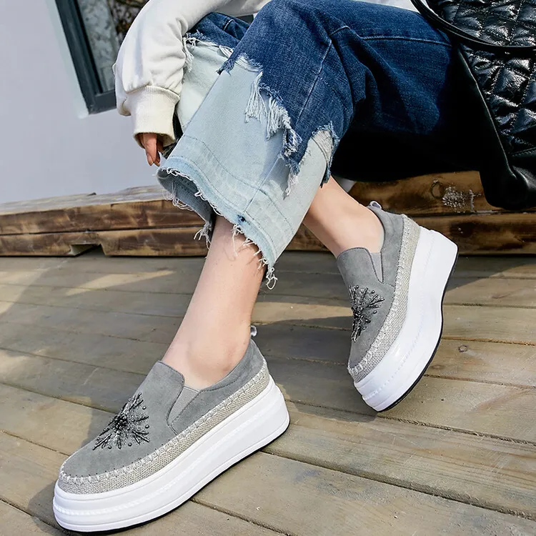 水钻串珠2025春季新款真皮女单鞋时尚百搭厚底乐福鞋韩版低帮女鞋