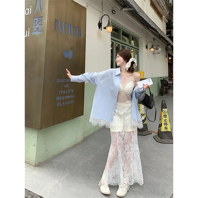 千金清冷感贵系衣服2025春秋蕾丝拼接蓝色衬衫上衣高腰显瘦半身裙