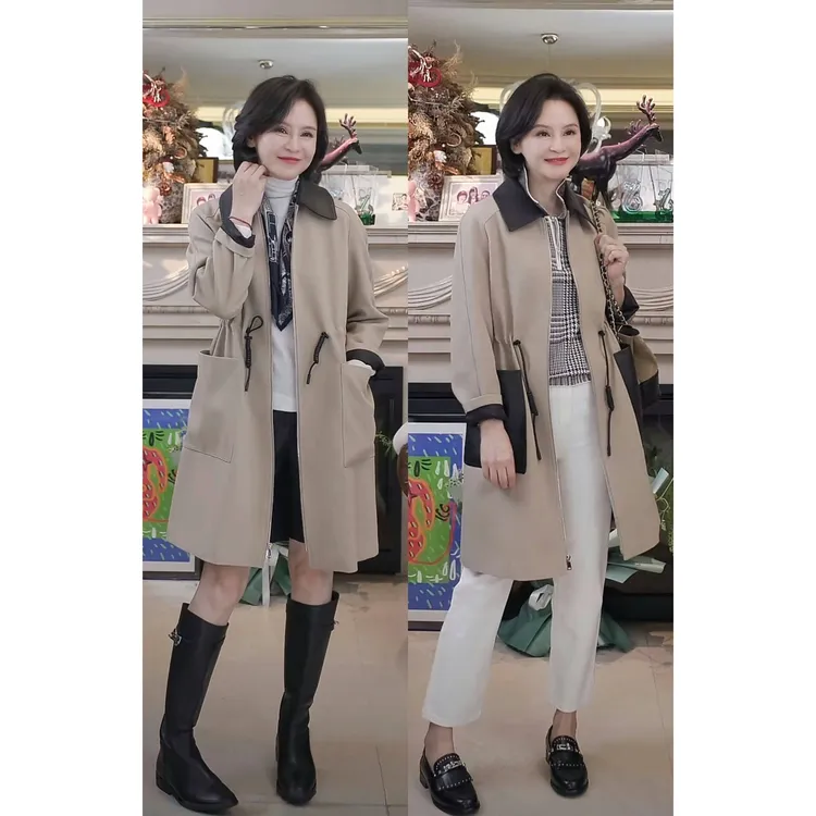 我是摩羯 邦德风衣 拼皮H型腰部系带早秋外套