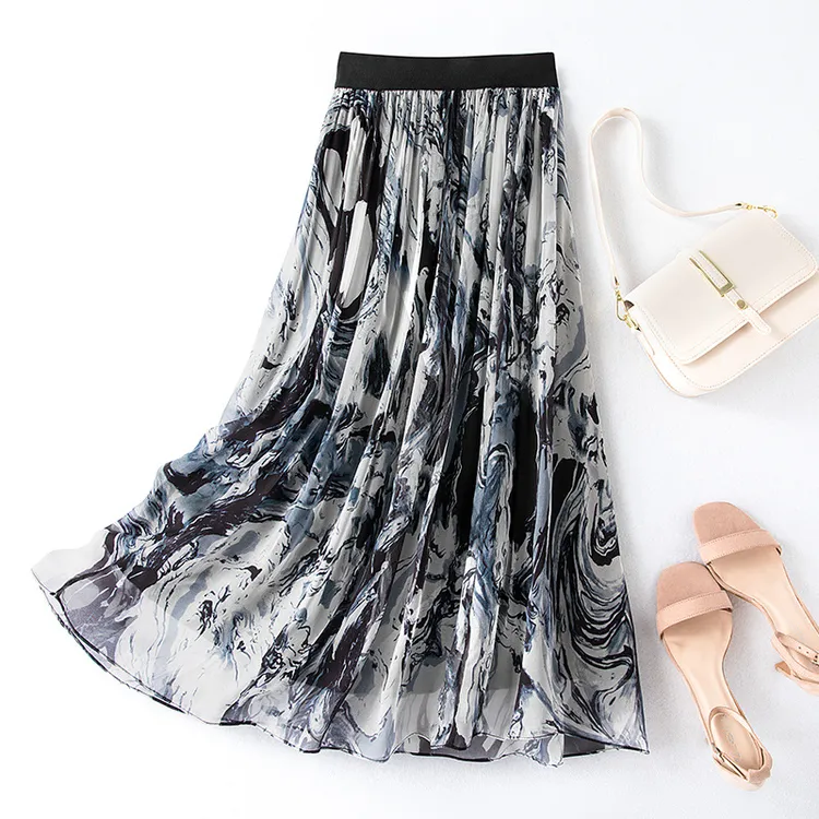 春夏新款女装松紧腰桑蚕丝印花真丝半身裙大摆裙长裙 直播 抖音