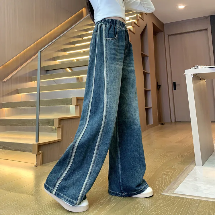 女童牛仔裤春秋款2025新款儿童直筒阔腿裤初中生大童女装早秋裤子