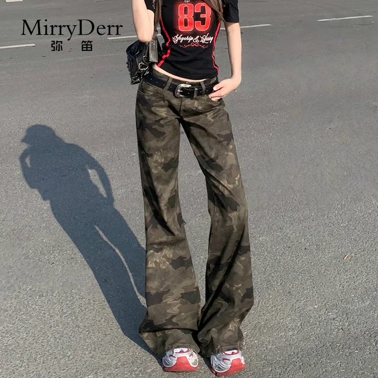 MirryDerr/弥笛迷彩低腰牛仔裤女2025夏季新款美式复古工装喇叭裤