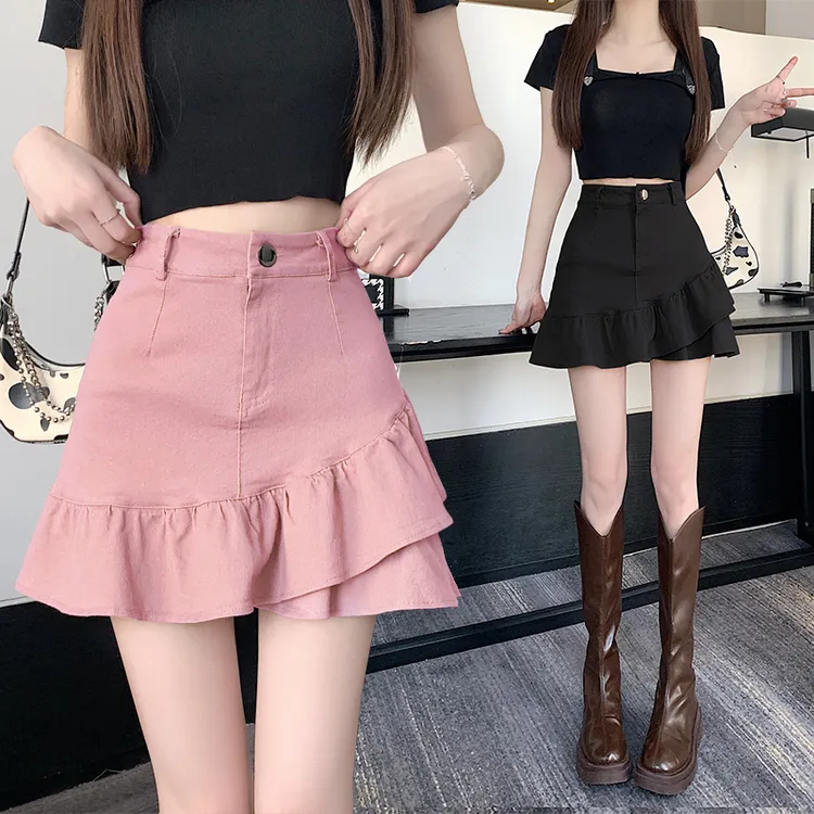 弹力甜美淑女A字裙荷叶边裙包臀彩色春季百搭活力辣妹裤裙短裙女