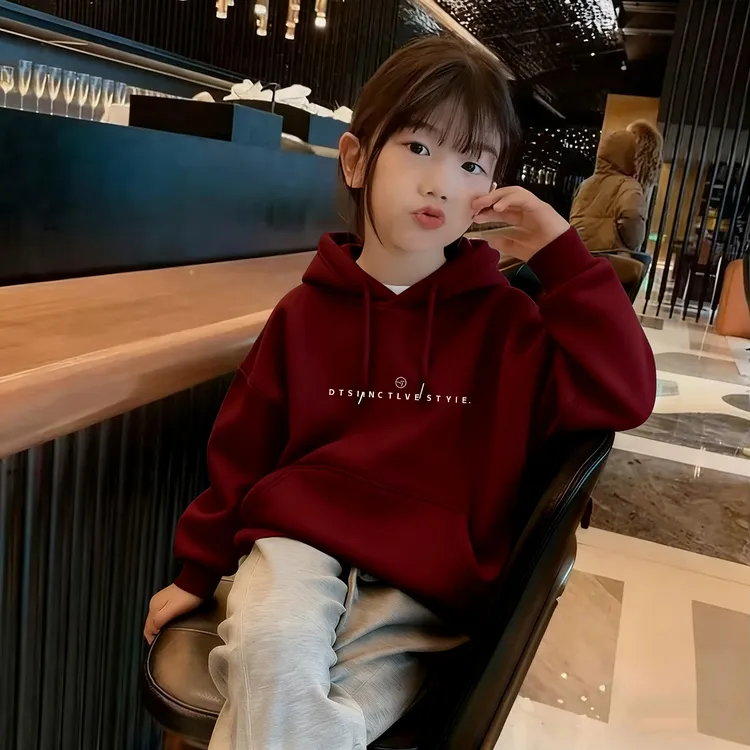 女童字母连帽卫衣2025秋冬新款中大童初中生加绒百搭大版上衣外穿