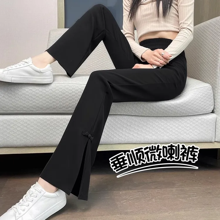 雪纺国风开叉喇叭裤女春秋2025新款爆款高腰休闲阔腿新中式微喇裤