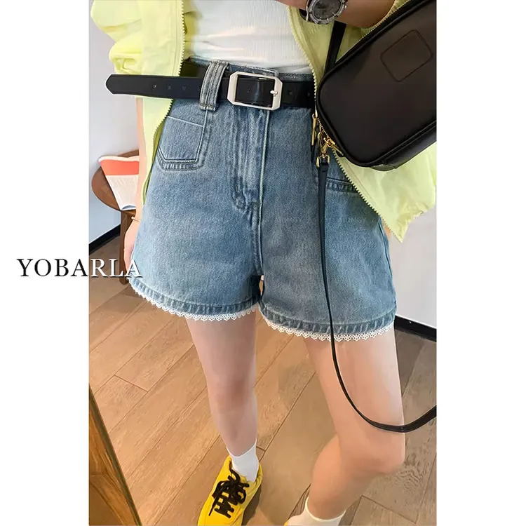 蓝色蕾丝花边牛仔短裤女秋冬新款小个子高腰大码显瘦美式复古热裤