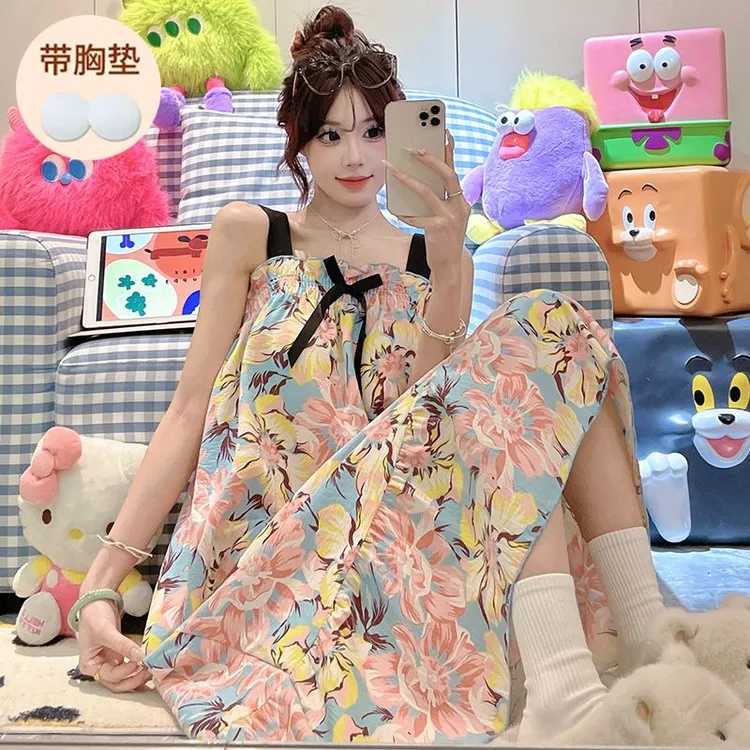 裙子中长款睡裙宽松连衣裙夏天无袖甜美胸垫薄款睡裙植物花卉夏季