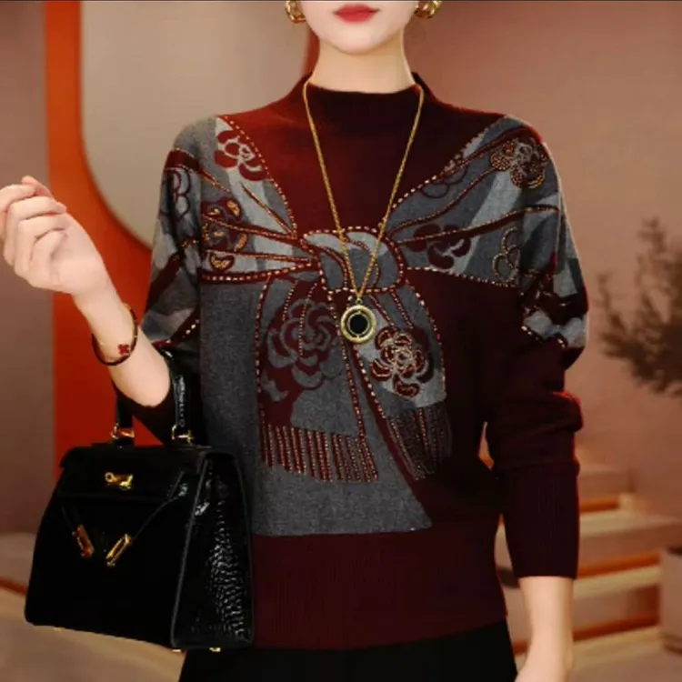 高级设计感提花烫钻针织衫2025秋冬新款宽松显瘦百搭长袖上衣女士