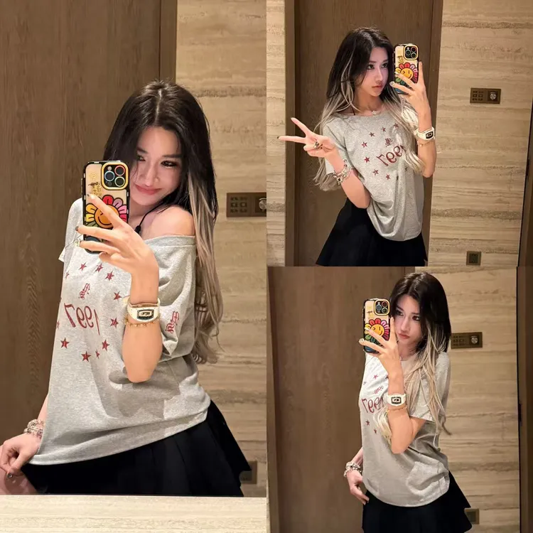 （浠儿家）正反两面穿十字架斜肩上衣美式复古辣妹露肩短袖t恤