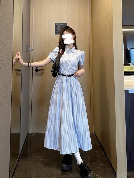 夏季Polo领法式蓝色收腰条纹衬衫裙子显瘦百搭时尚连衣裙AM9100