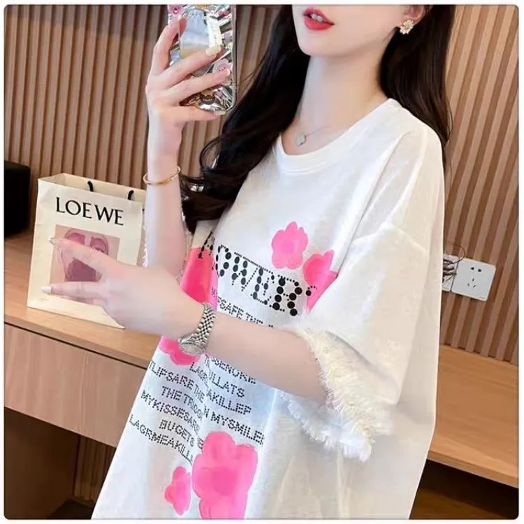 纯棉洋气短袖t恤女2025夏新款中长款宽松大码设计感蕾丝拼接上衣