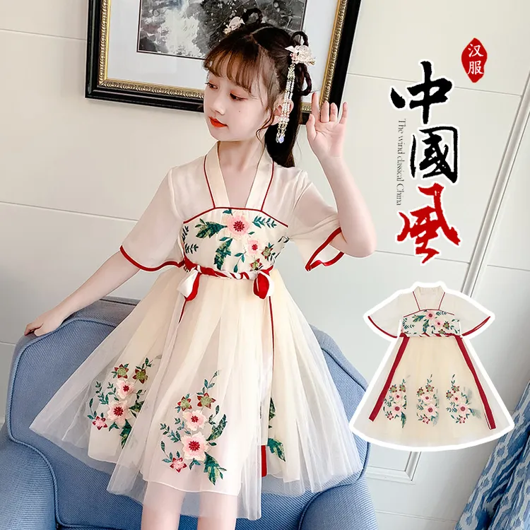 女童新中式杏色贴花汉服中大童夏款清新绿花汉服套装中国风连衣裙