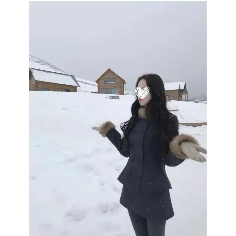 巨好看冬装一整套裙富家千金感加棉加厚毛领外套a字半身裙两件套