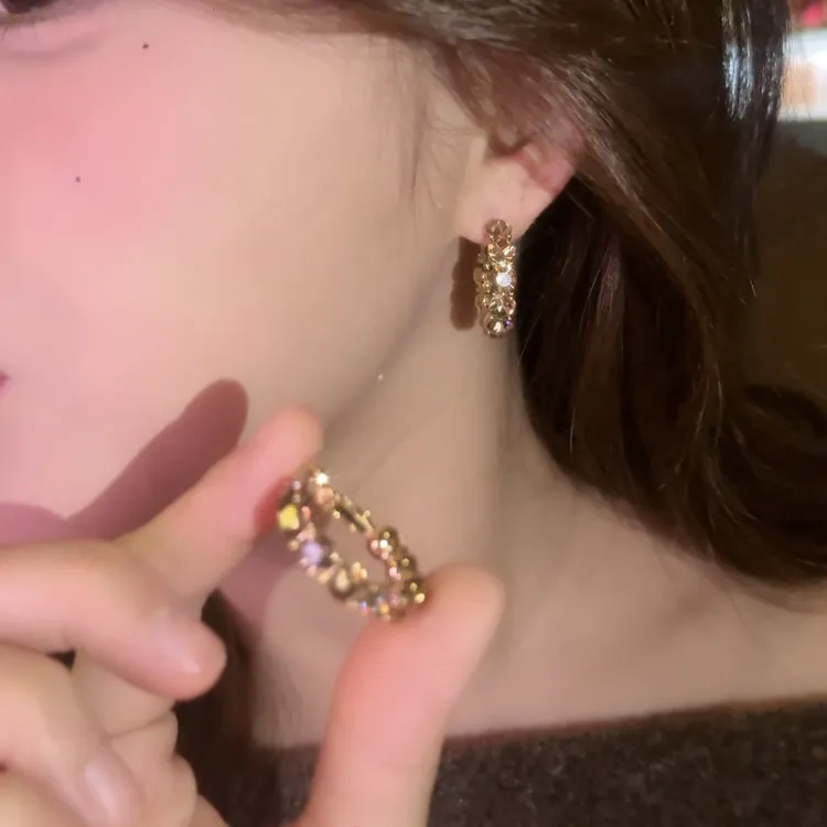 铜合金耳饰 气质闪钻圈圈耳环独特香槟色显白高级感耳圈耳饰