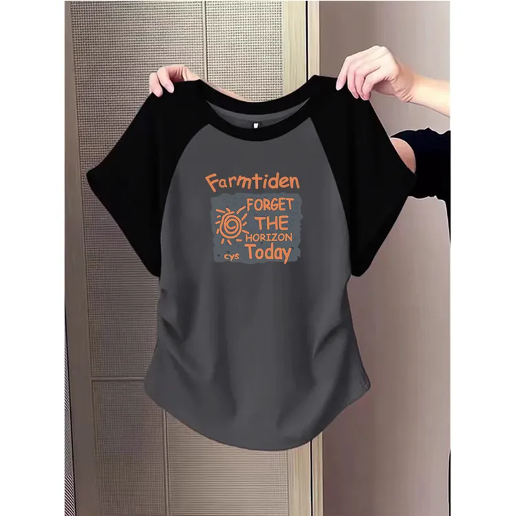 夏季大码胖mm设计感圆弧下摆短袖T恤女士撞色插肩袖抽褶印花上衣