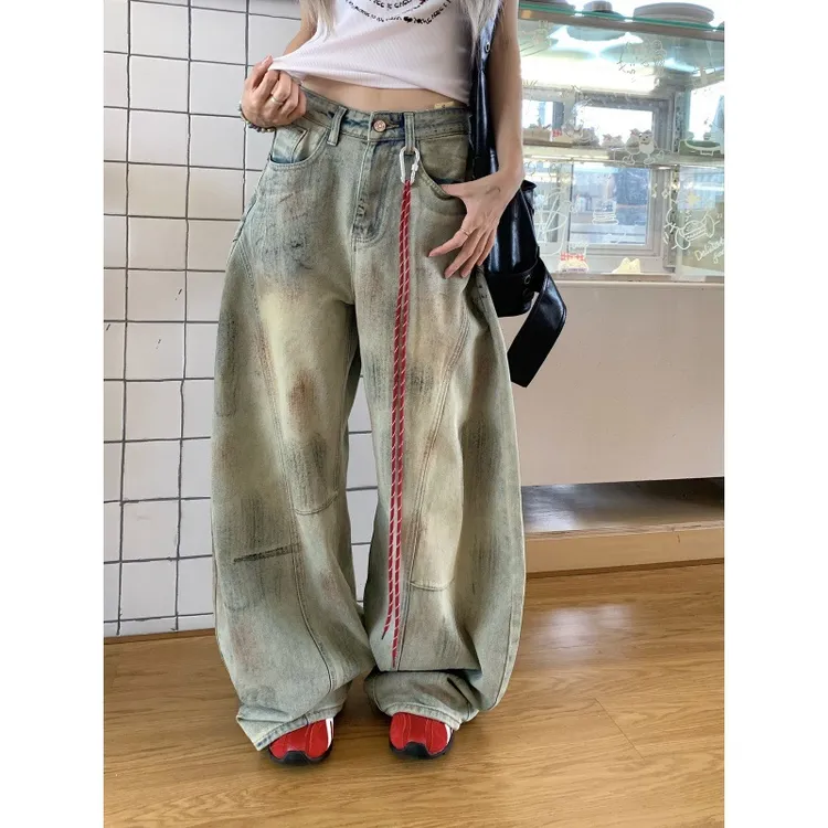 尺码背带裤屁股大薄款妹妹女裤大码美式做旧牛仔裤女胖阔腿裤子