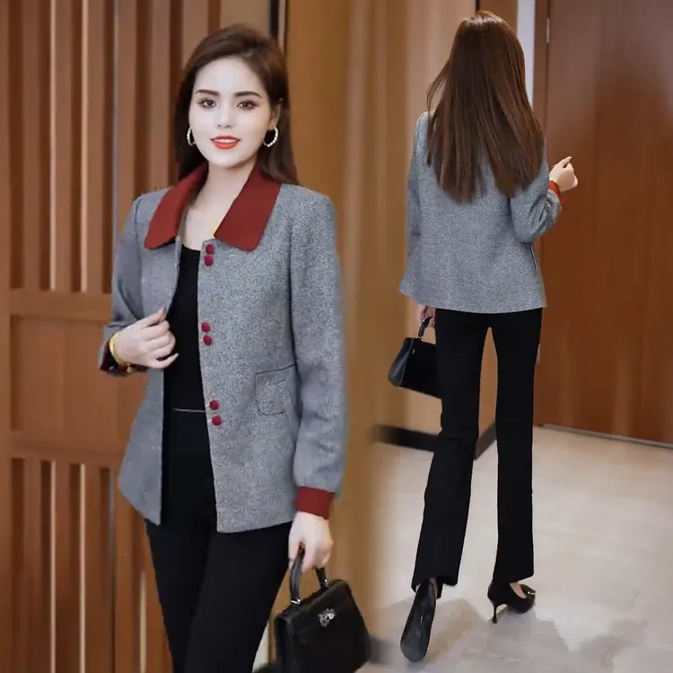 时尚洋气短款外套女2025秋季新款显瘦减龄撞色翻领百搭妈妈装外套