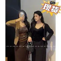 现货【嘎嘎】胖MM秋季大码微胖显瘦气质开衫+丝绒吊带两件套09006D