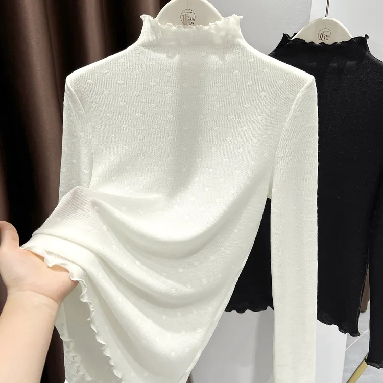 冬季新款半高领长袖木耳边内搭打底衫纯色木耳边提花针织女士上衣