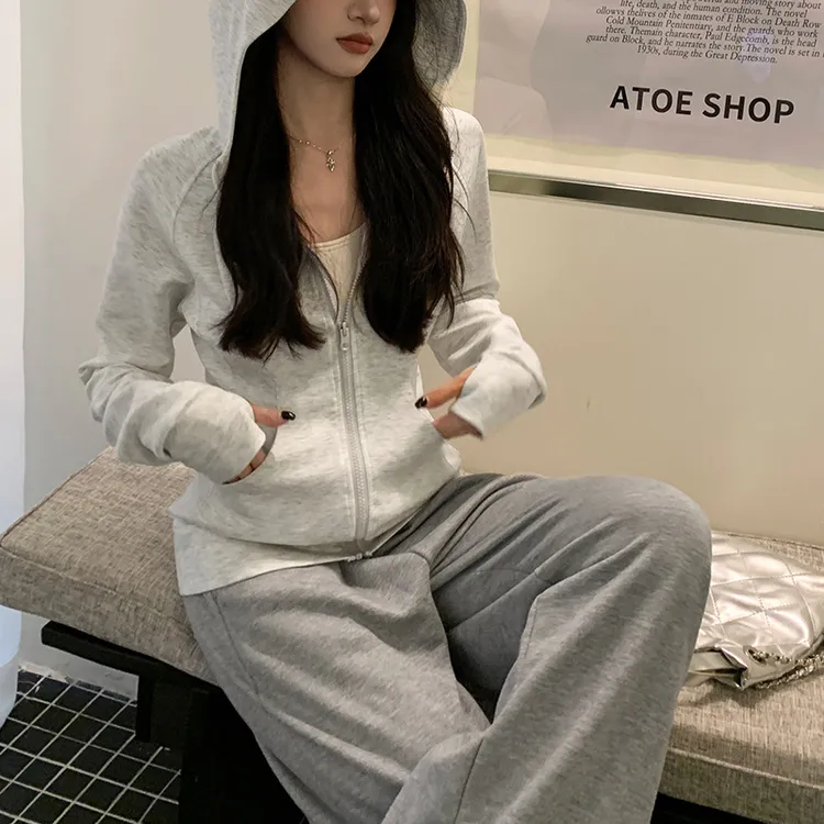 浅灰色连帽卫衣女士2024新款爆款春秋款修身显瘦运动开衫上衣外套