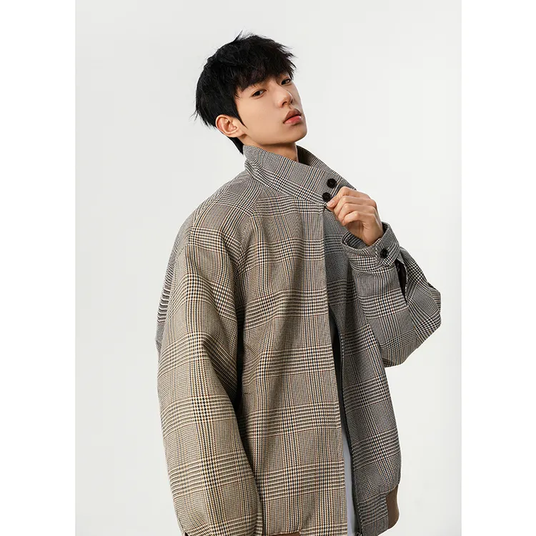 cleanfit千鸟格外套男款春秋款高级感美式复古短款立领哈灵顿夹克