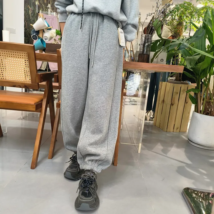 秋冬季加绒加厚慵懒风宽松灰色束脚时尚保暖卫裤