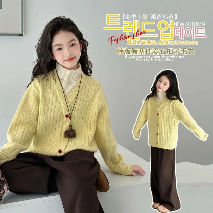 女童秋冬新款韩系爱心纽扣毛衣中大童女孩甜美假两件针织衫9-15岁