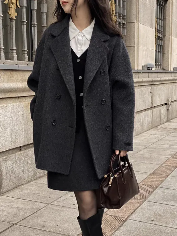 黑灰色毛呢大衣女短款小个子2025秋冬新款韩版西装加厚毛呢子外套