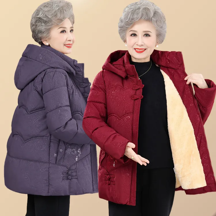 妈妈冬装加绒棉服中老年人连帽外套女奶奶加厚棉衣老太太保暖棉袄