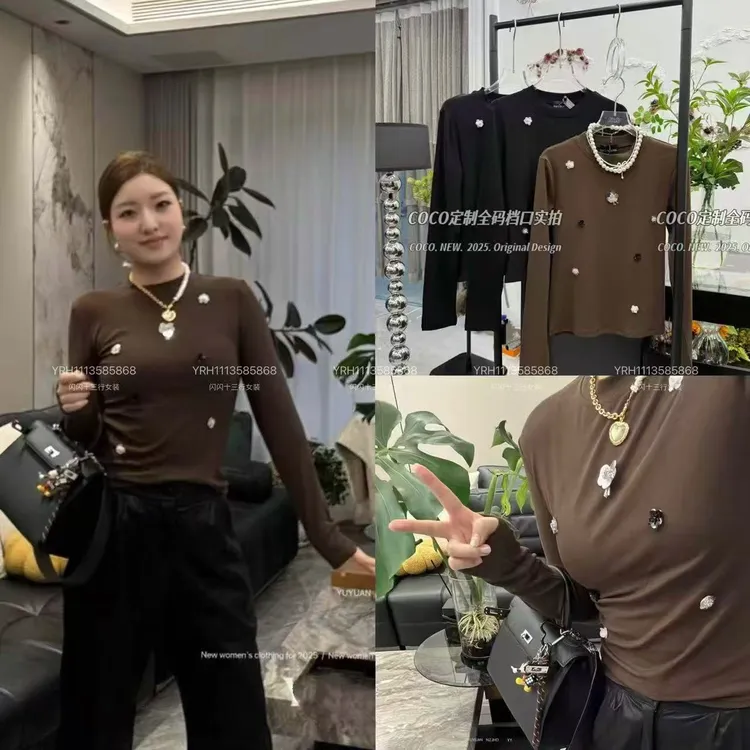 SS25853早秋2025新款时尚百搭圆领显瘦立体花朵长袖T恤女潮韩系