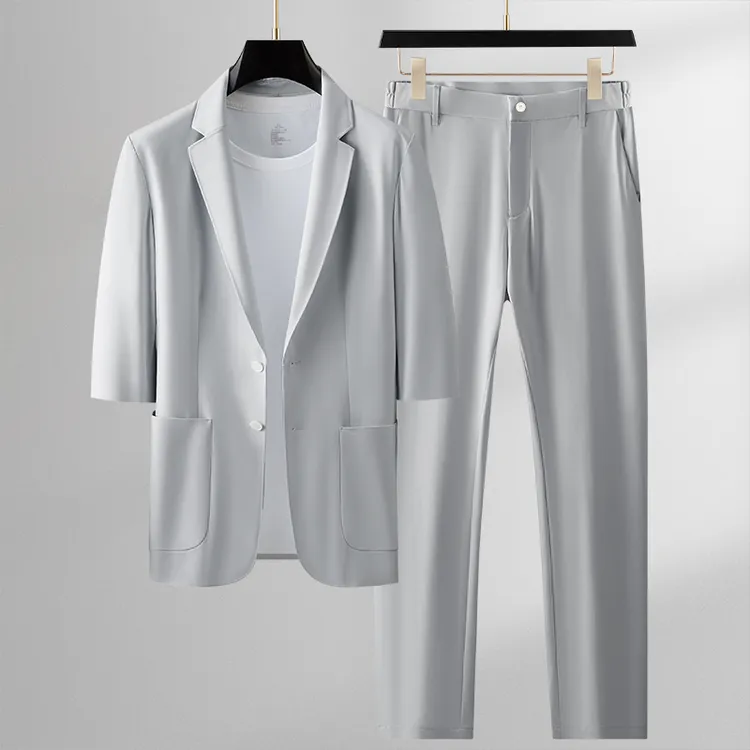 高端中袖西服套装男士夏季超薄垂感冰丝抗皱免烫休闲裤西装两件套