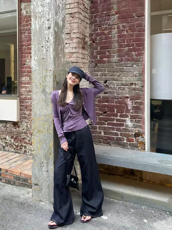 2025秋季新款针织开衫紫色扭结挂脖吊带修身上衣两件套百搭牛仔裤