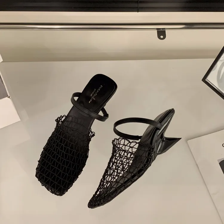 UHCK法式编织网面镂空包头半拖鞋女鞋子外穿2025夏季坡跟高跟罗马