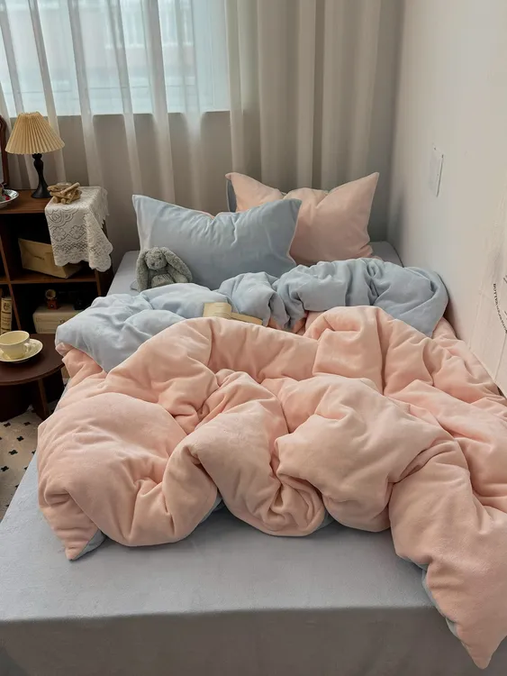 ins风-A类简约双拼冬季牛奶绒四件套加厚加绒学生宿舍三件套单人