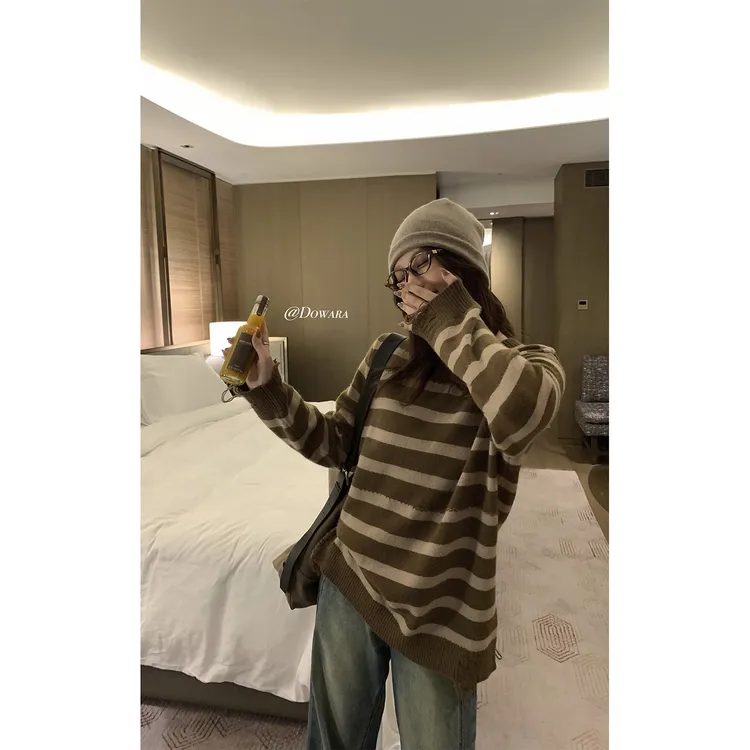 现货大婉酱微胖定制【巴尔蒙条纹】百搭毛织上衣宽松慵懒长袖2561D