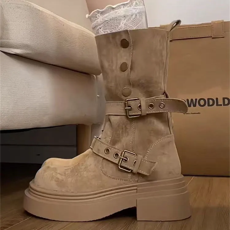 擦色皮防滑中跟女中筒薄款马丁靴潮流粗跟复古时尚圆头厚底英伦风