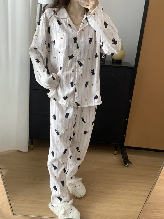 睡衣家居服套装秋季女宽松套装薄款云朵棉条纹春秋女士春夏韩版