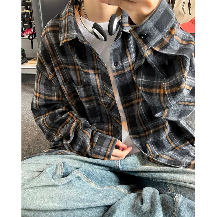 春秋美式复古磨毛格纹衬衫情侣百搭休闲长袖衬衣痞帅翻领外套男生