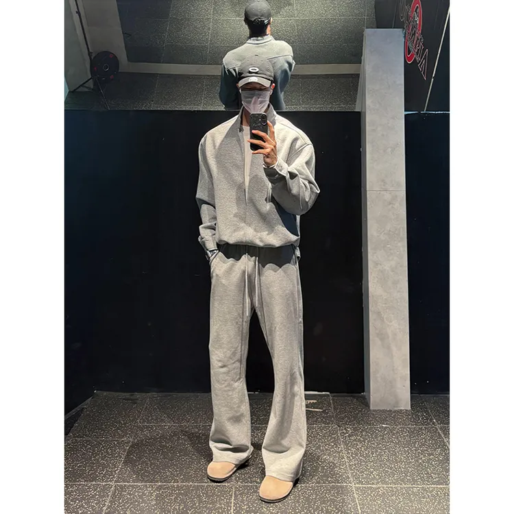 美式复古重磅灰色假两件立领卫衣男款秋季高级感cleanfit运动套装