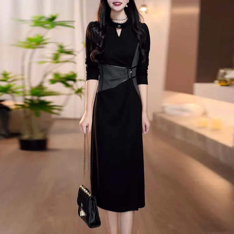 2025新款法式复古腰部拼接设计开叉中长款女装连衣裙奢华礼服裙