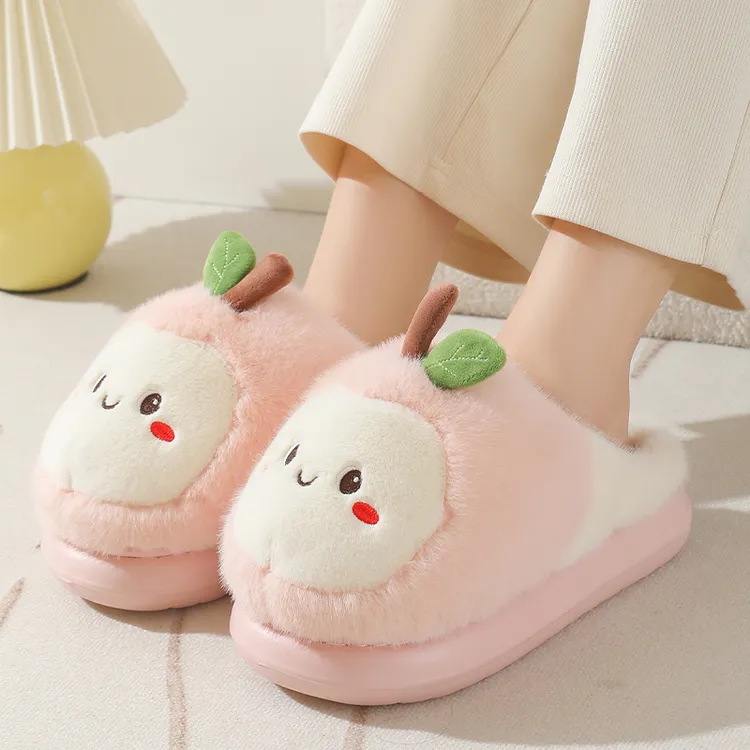 可爱苹果棉拖鞋女秋冬季新款厚底卡通居家拖鞋毛绒保暖防滑月子鞋