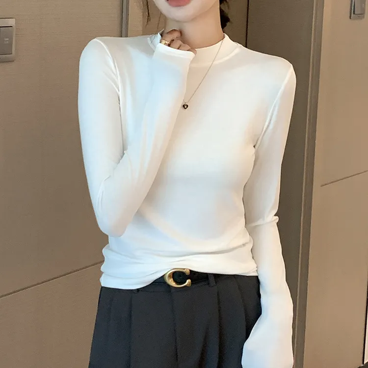 新款女装长袖恤莫代尔打底衫纯色秋衣半高领圆领小立领上衣洋气