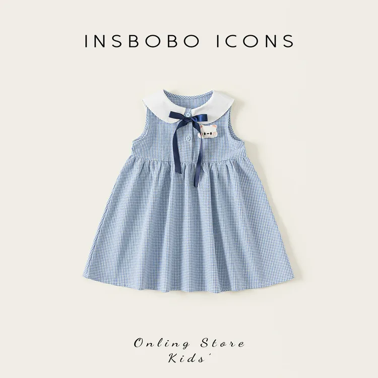 INSbobo女童学院风娃娃领无袖可爱装饰洋气格子连衣裙XQ25509A