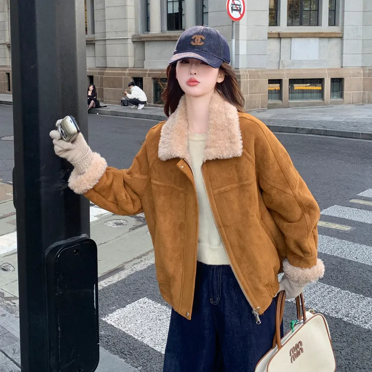 爆款羊羔毛外套女小个子2025冬季新款加绒加厚麂皮绒皮毛一体上衣