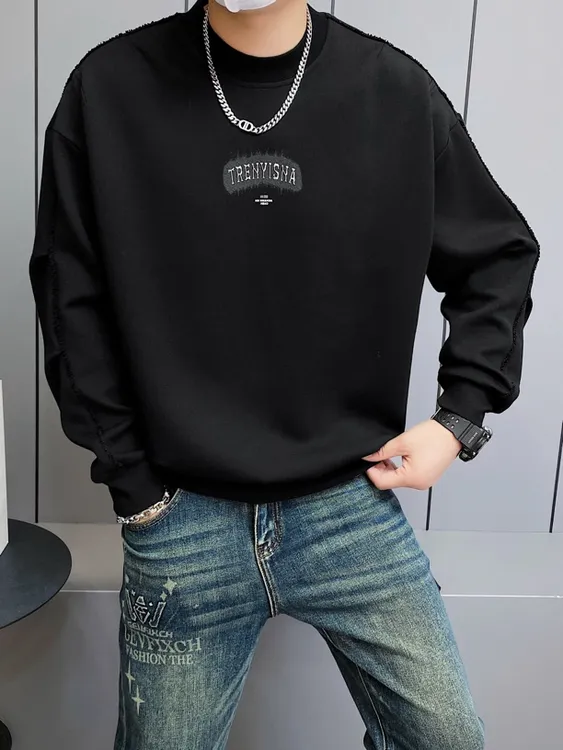 秋冬新款纯色男宽松型舒服卫衣春秋百搭长袖时尚休闲潮流圆领套头