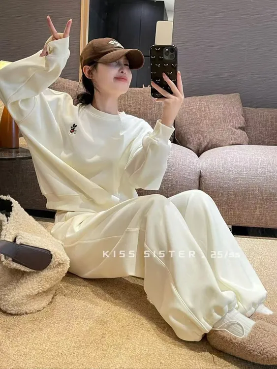 优雅秋冬爆款 休闲时尚 慵懒风 加厚加绒一体绒 百搭纯色卫衣套装