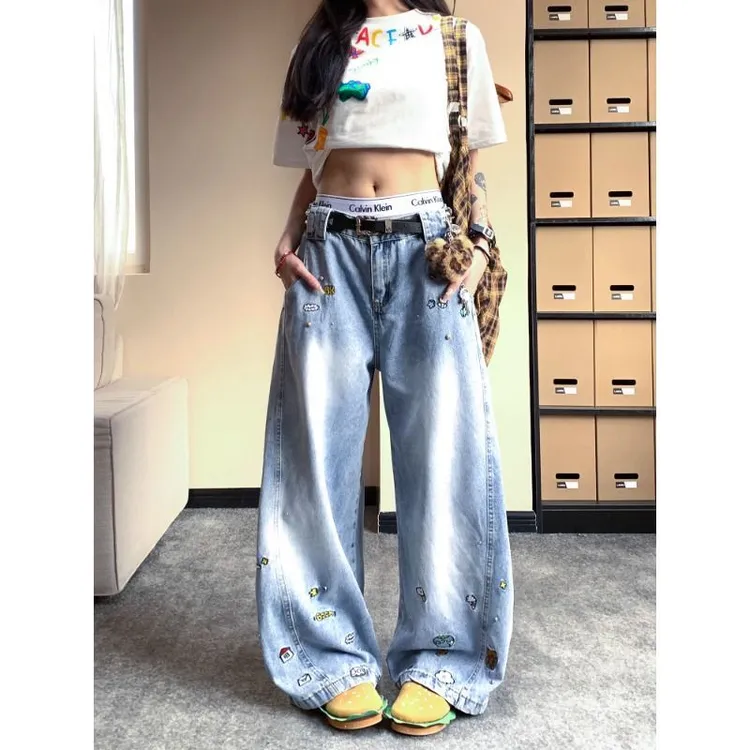 小众趣味刺绣做旧弯刀牛仔裤男女baggy宽松阔腿裤拖地感显瘦长裤