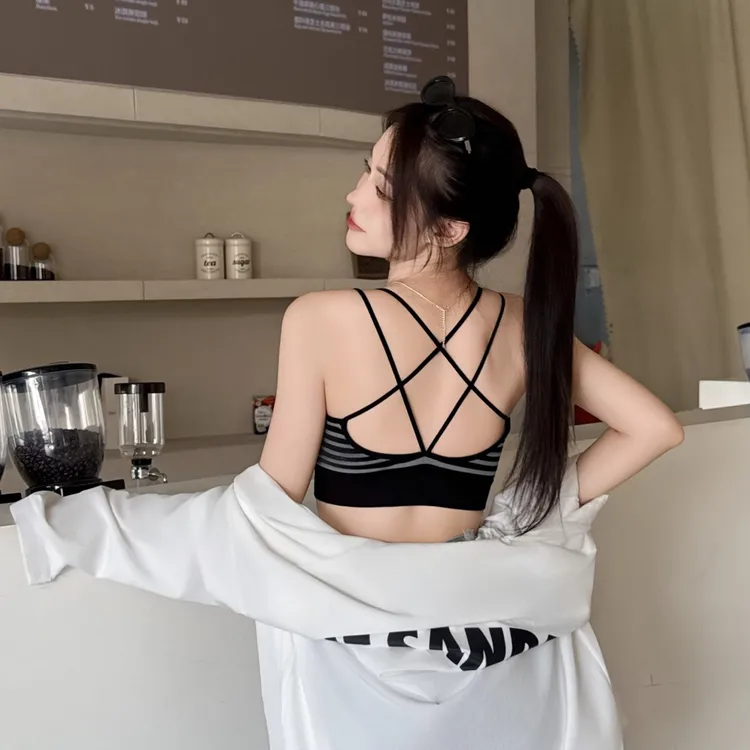 性感豹纹条纹深V双肩带交叉美背吊带背心一体式固定胸垫内衣文胸