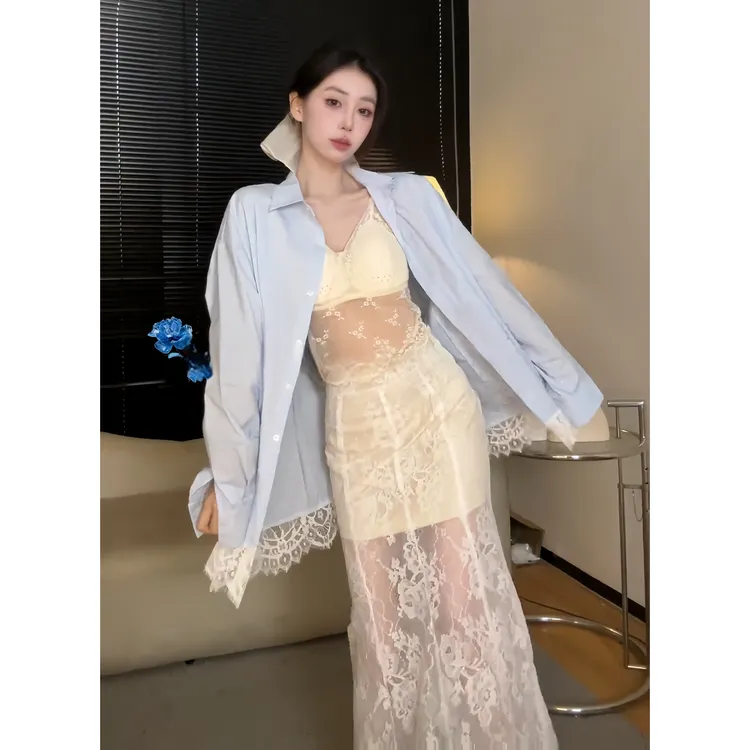 港风时尚气质防晒度假蕾丝拼接蓝色衬衫百搭打底内搭半身长裙套装