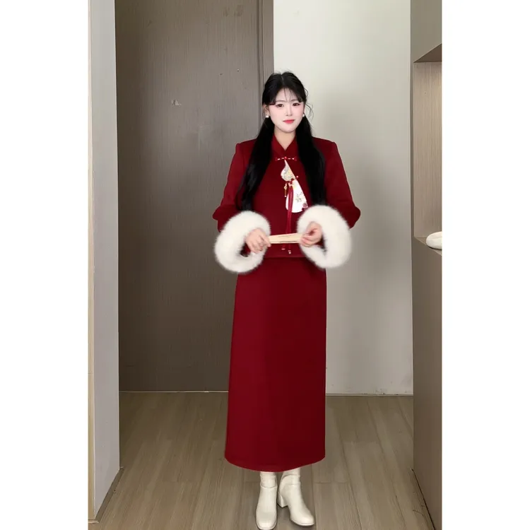 【雅韵东方】秋冬大码新中式斜襟盘扣国风绣花外套半裙套装 DM35229